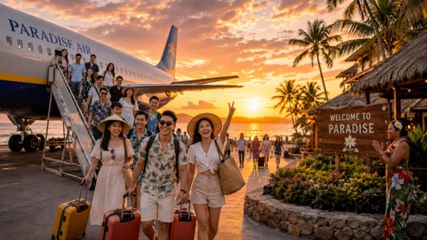 Đặt vé máy bay đoàn giá rẻ nhóm du lịch vui vẻ tại sân bay